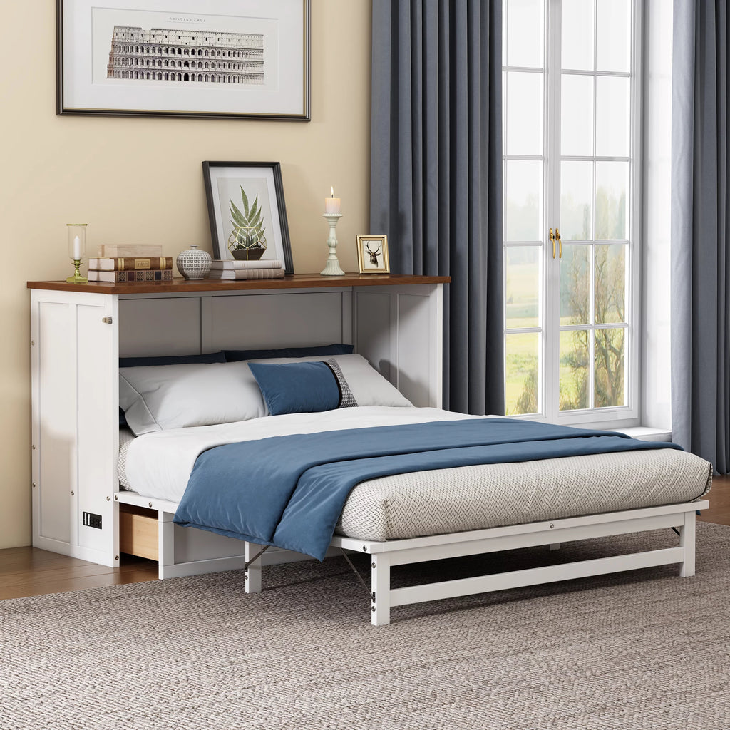 Queen Size Solid Wood Murphy Bed with Storage Drawer D2646