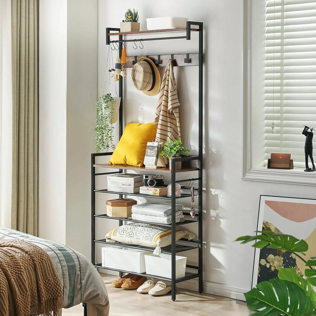Coat Rack Shoe Rack, 4 in 1 Hall Tree with 5-Tier Storage Shelf and 9 Hooks W808
