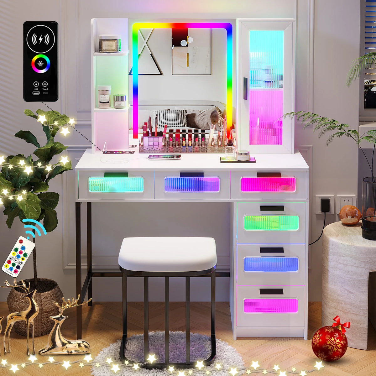 White Vanity with Lights and 6 Drawers Z57953