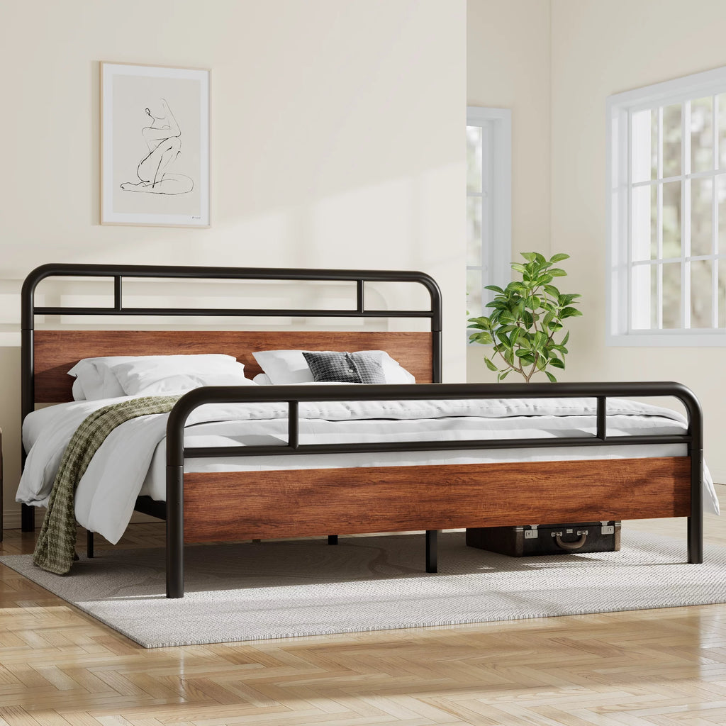 Dark Brown King Size Metal Platform Bed Frame with Wooden Headboard Y549