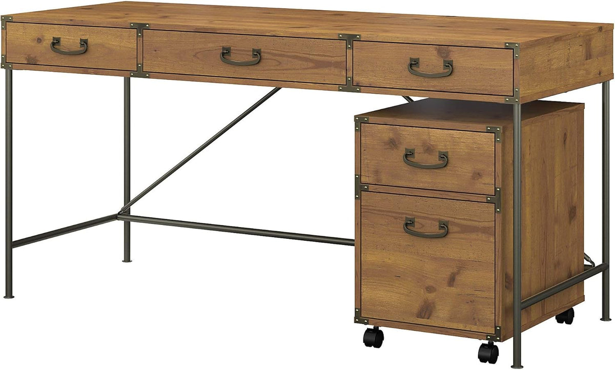 Vintage Golden Pine Writing Desk and 2 Drawer File Cabinet S6688