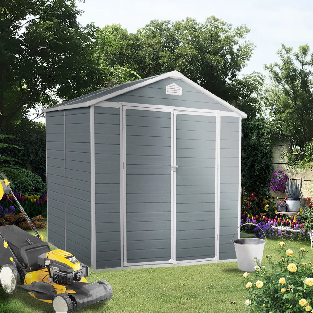 6x8 FT Plastic Resin Outdoor Storage Shed with Floor and Lockable Door Z906381