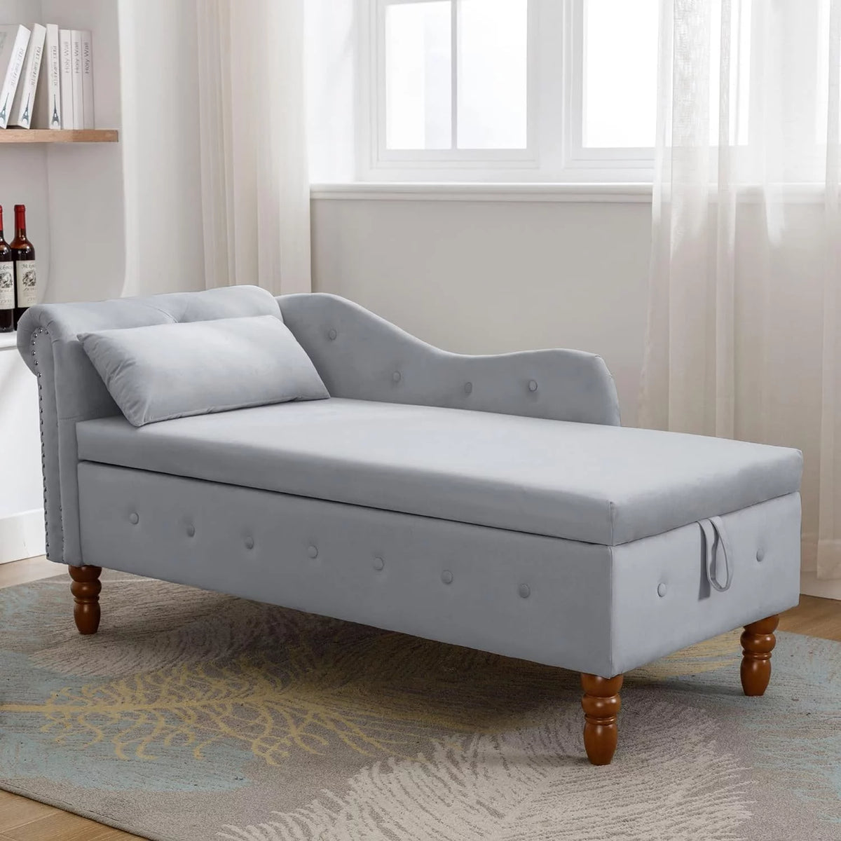 Grey Velvet Chaise Lounge Chair with Storage & Pillow P820139