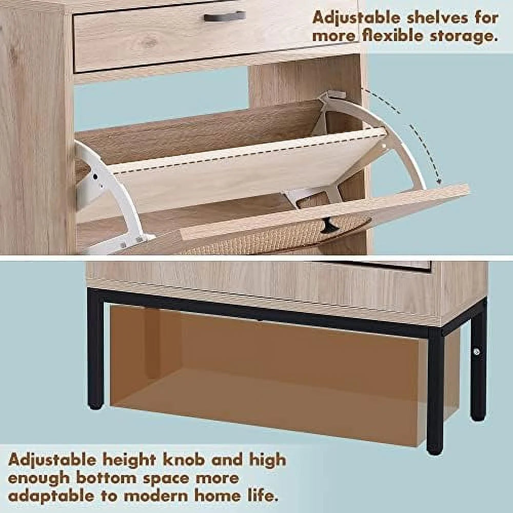 Shoe Cabinet with Flip Drawers and Woven Rattan Doors B87715