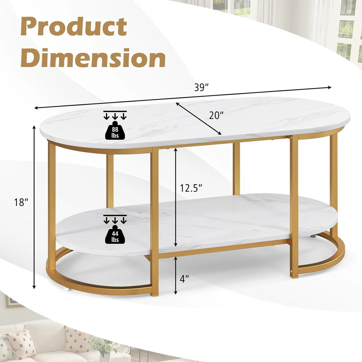 Gold 39” Oval 2 Tiers Faux Marble Top Metal Frame Coffee Table Q4357