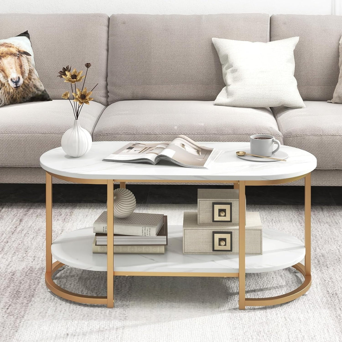 Gold 39” Oval 2 Tiers Faux Marble Top Metal Frame Coffee Table Q4357