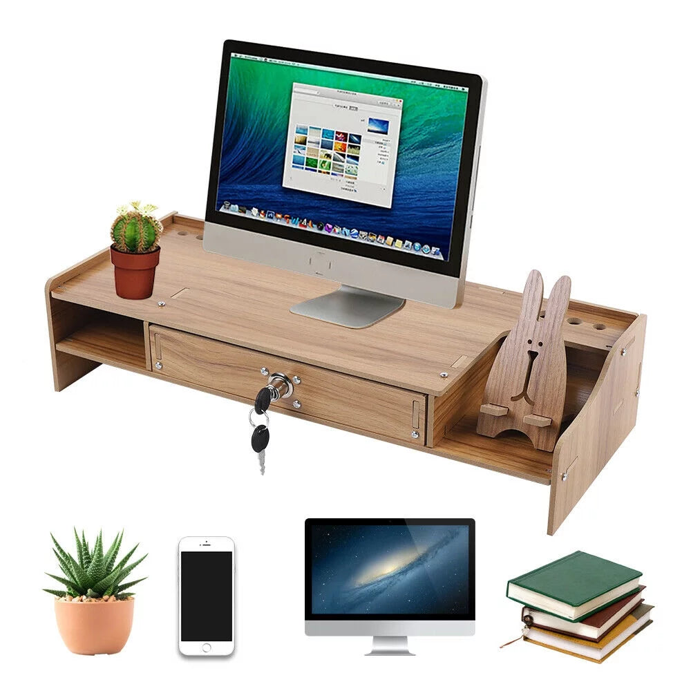 Cherry Wood Color Computer Monitor Riser Stand with Drawer A3318