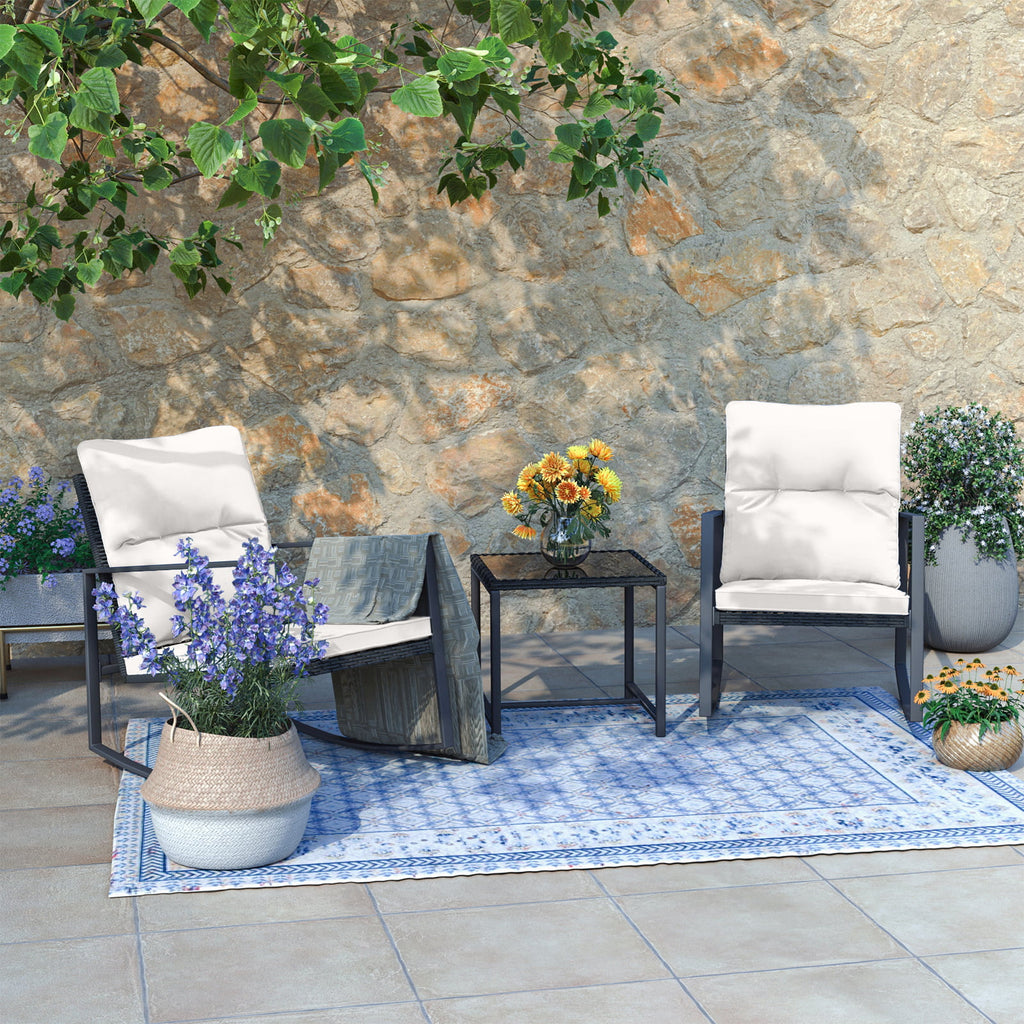 3 Piece Bistro Set Patio Rocking Chairs with Off-White Cushions Q794