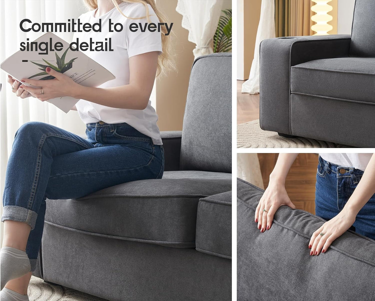 Grey Chenille Sofa with USB Charging Ports & Cup Holders F3148