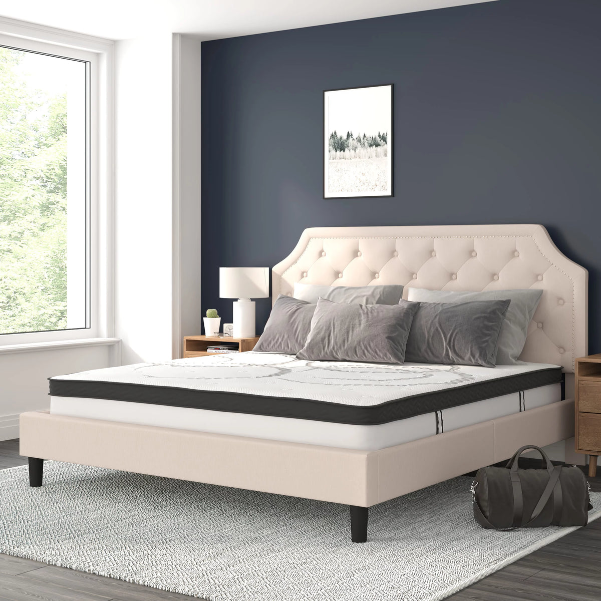 King Size Tufted Upholstered Platform Bed Beige Fabric with 10 Inch Pocket Spring Mattress U94755