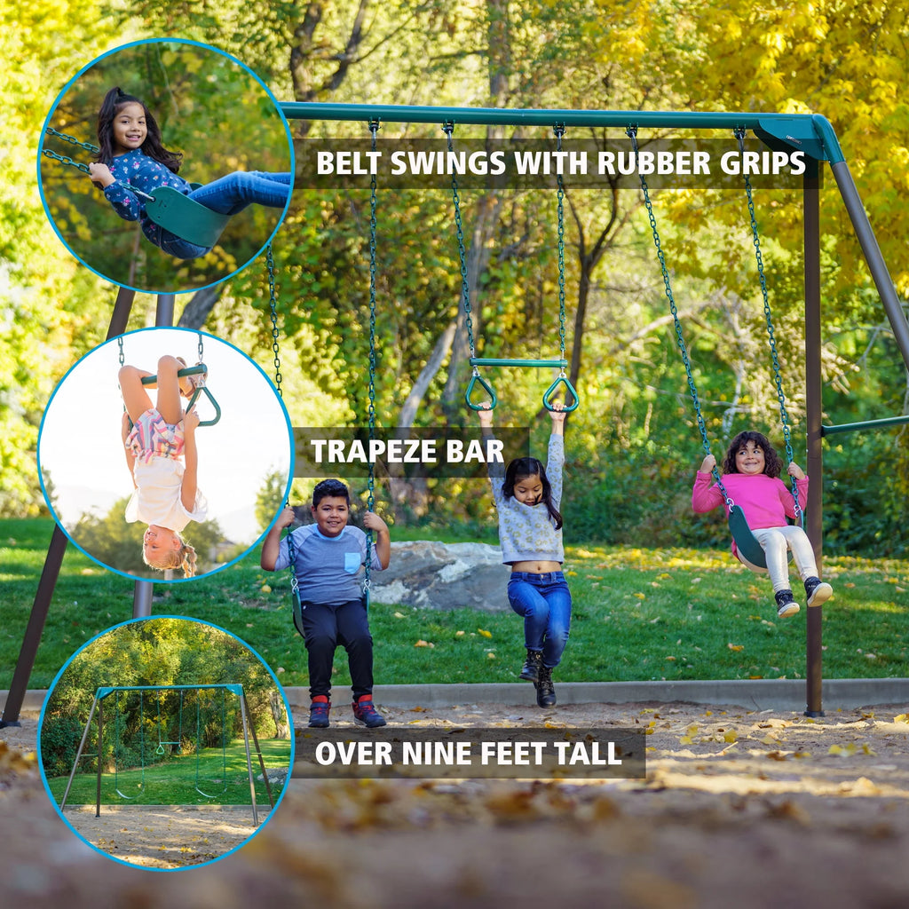 Kid's Metal Swing Set with 2 Belt Swings and Trapeze Bar G90725