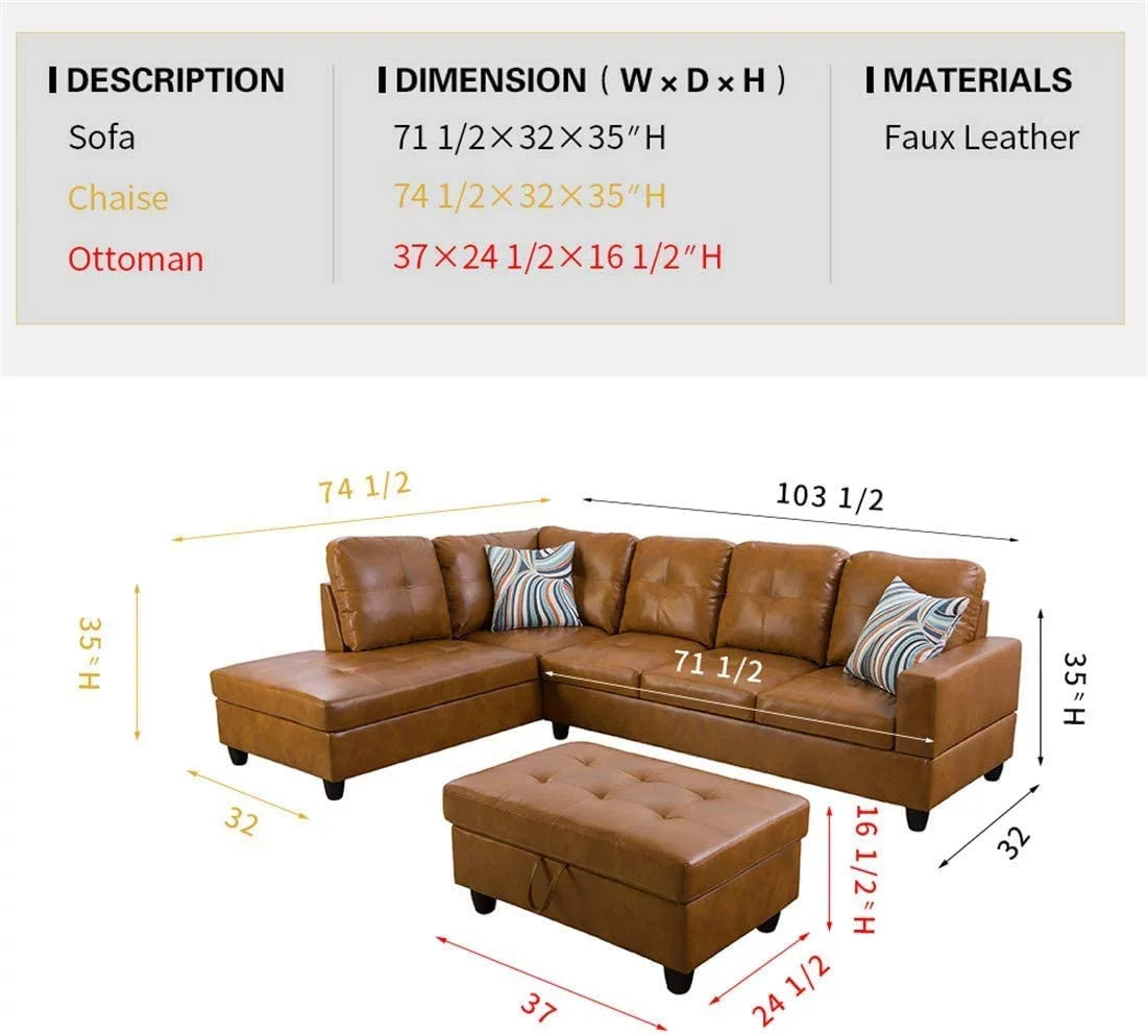Faux Leather 3 Piece L-Shaped Sectional Sofa with Storage Ottoman and Pillows C786
