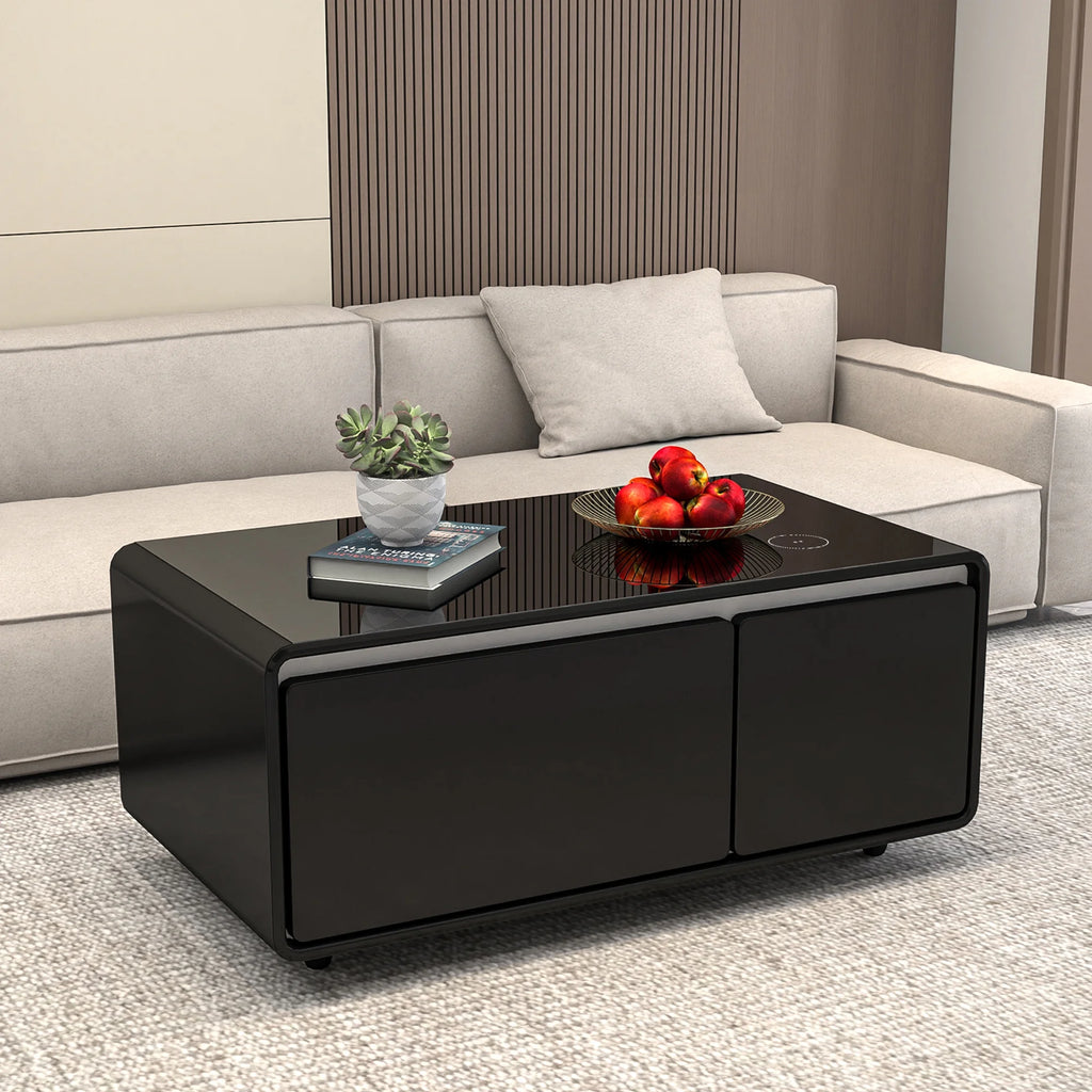 41.5" Smart Coffee Table with Fridge Drawers, Wireless Charging, USB Ports and Outlet, Black X32461