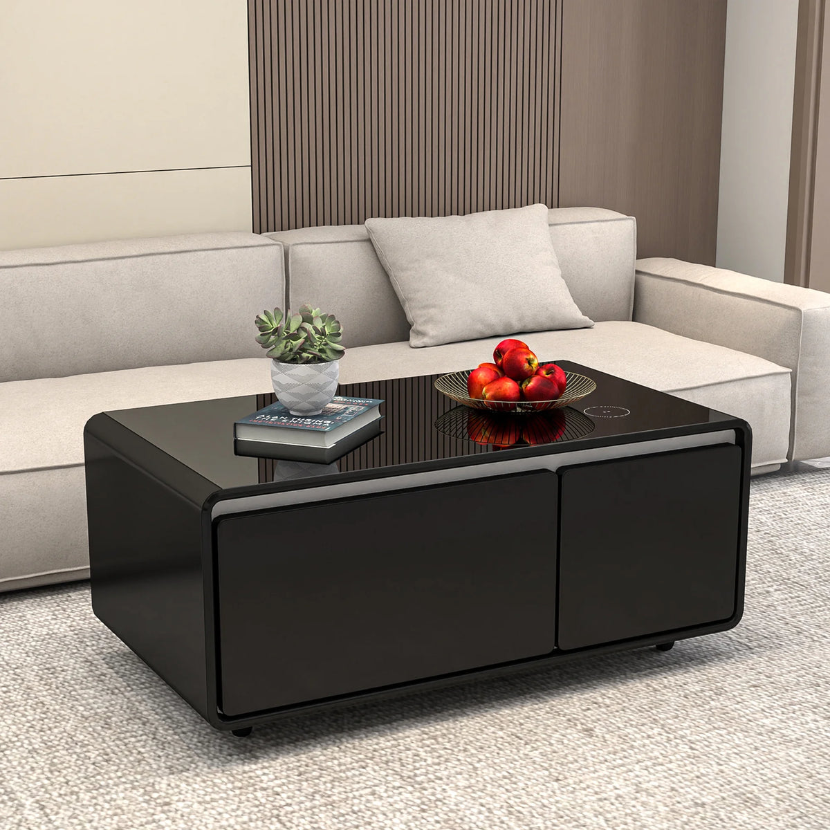 41.5" Smart Coffee Table with Fridge Drawers, Wireless Charging, USB Ports and Outlet, Black X32461