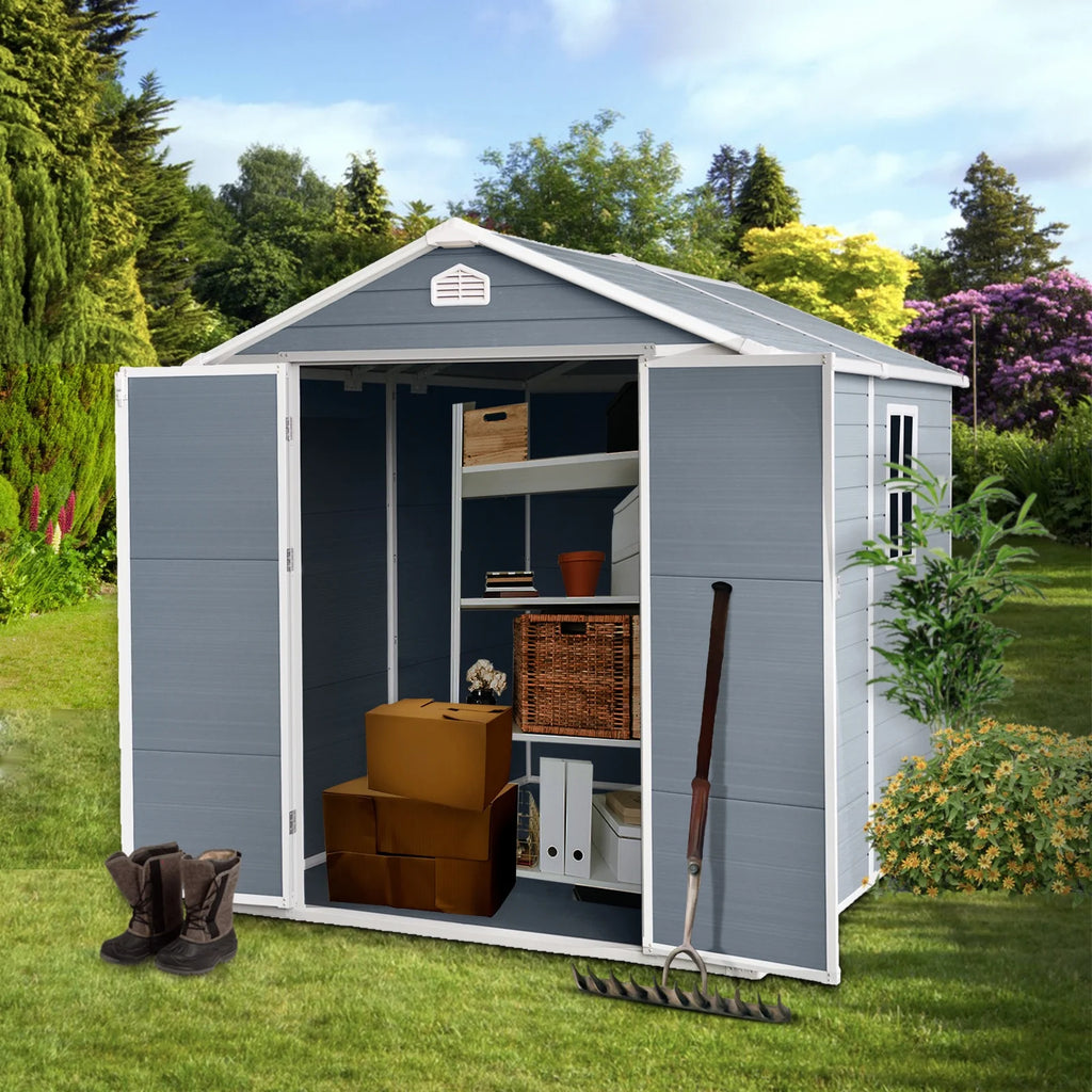 6x8 FT Plastic Resin Outdoor Storage Shed with Floor and Lockable Door Z906381