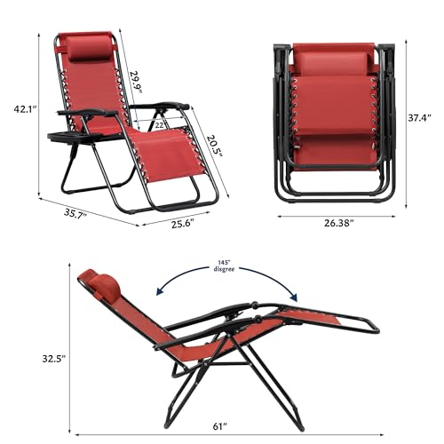 Zero Gravity Chairs Set of 2 Adjustable Steel Mesh Recliners with Cup Holder Tray and Pillow O17930