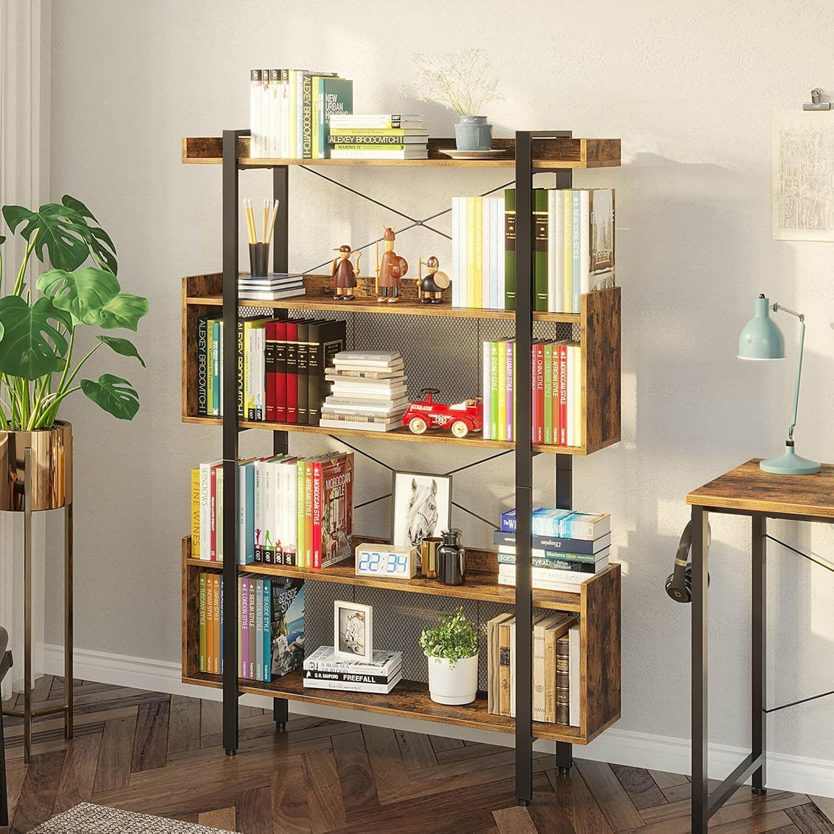 5-Tier Rustic Brown Bookshelf with Metal Frame Q6153