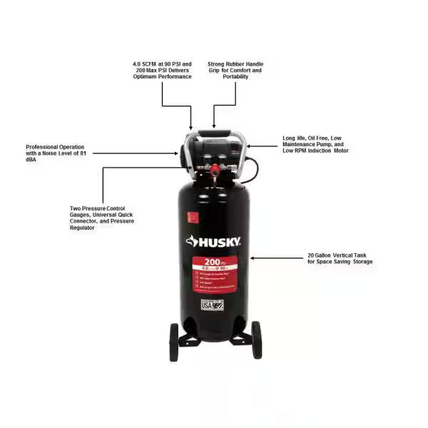 20 Gal. 200 PSI Oil Free Portable Vertical Electric Air Compressor D1257