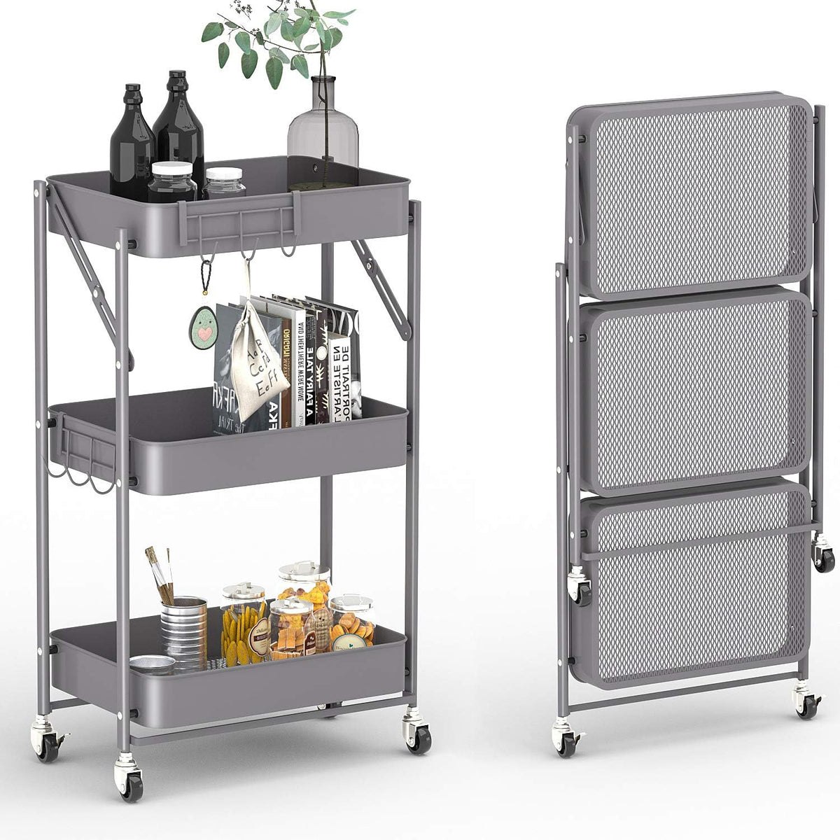 3-Tier Foldable Metal Rolling Cart with Hooks D89789