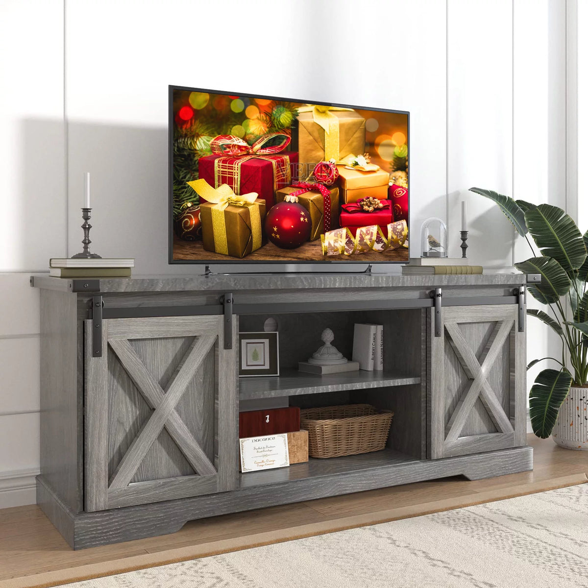 Farmhouse Barn Door TV Stand with Electric Fireplace S458390