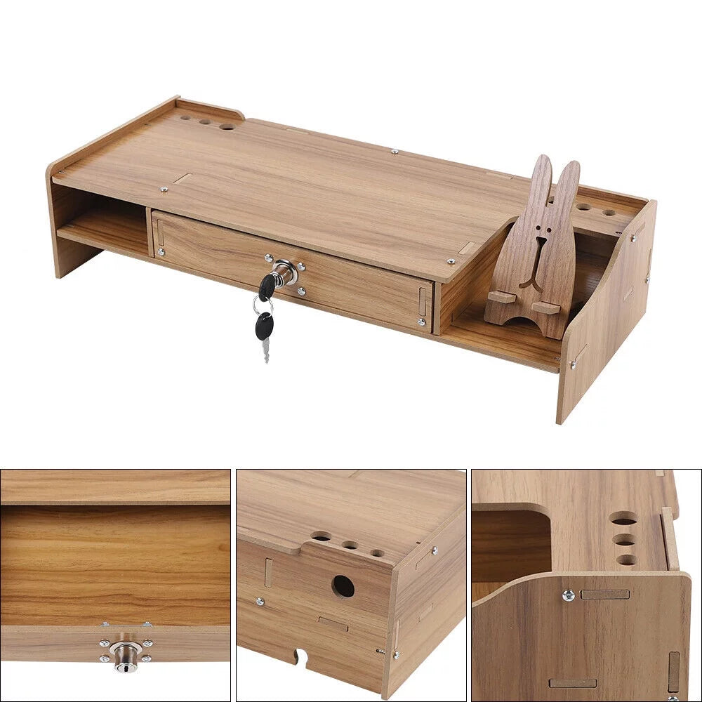 Cherry Wood Color Computer Monitor Riser Stand with Drawer A3318