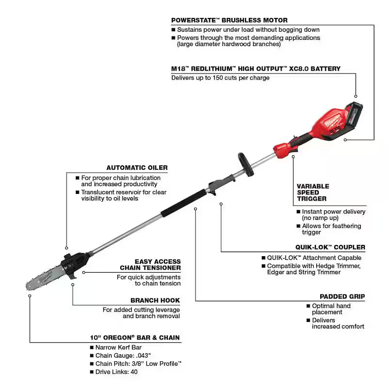 18V Cordless Pole Saw Kit with Hedger Attachment E39696