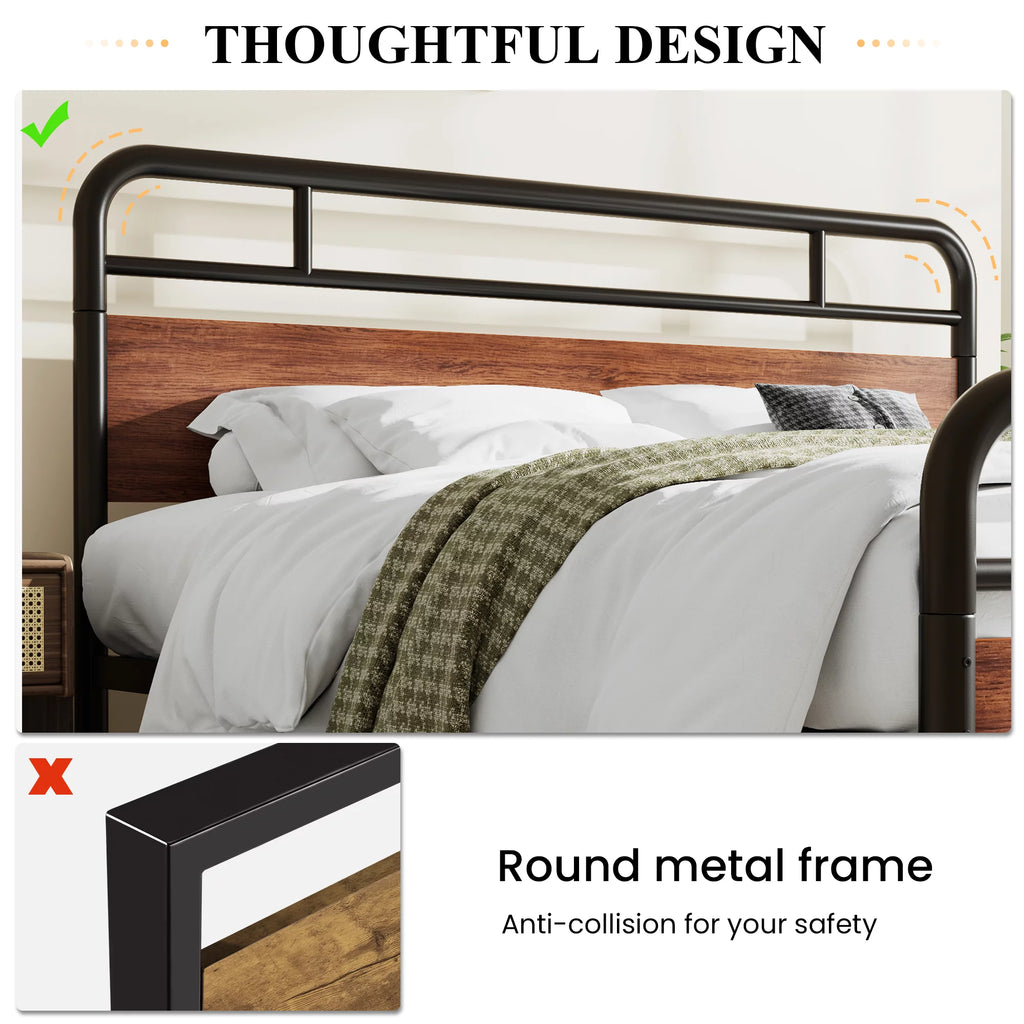 Dark Brown King Size Metal Platform Bed Frame with Wooden Headboard Y549
