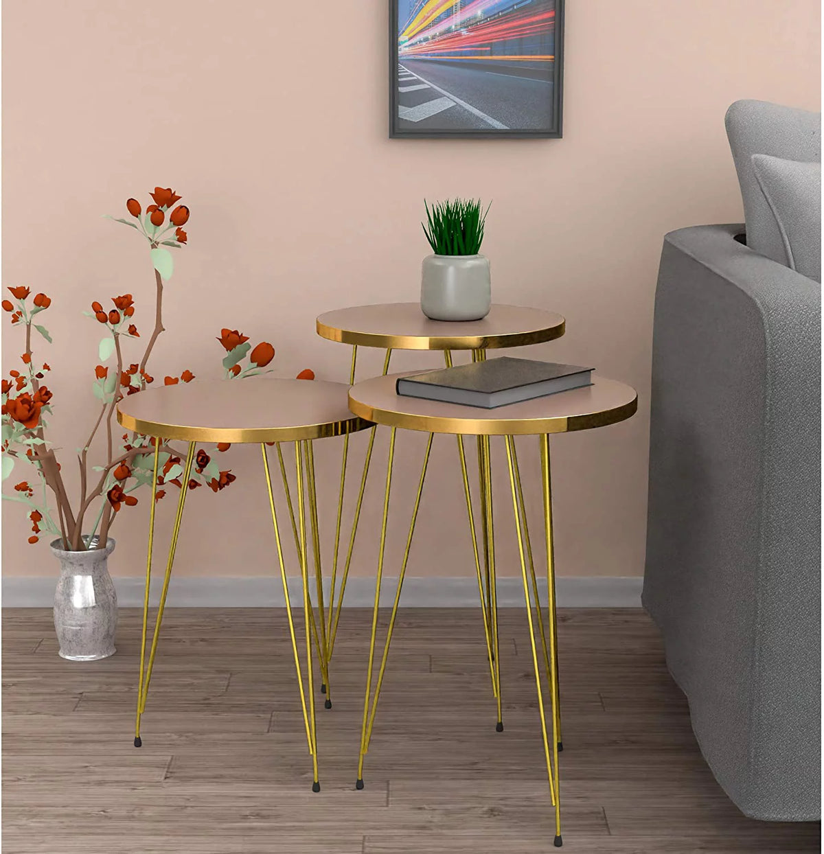 Set of 3 High Gloss Cappuccino Round Nesting Tables with Gold Legs D668