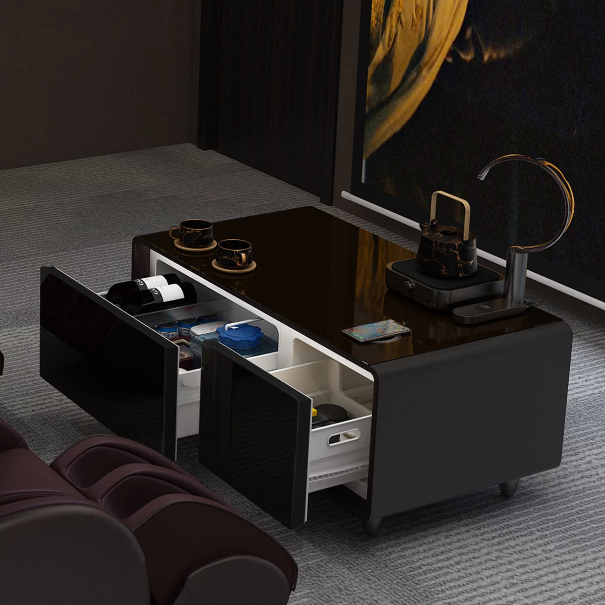 41.5" Smart Coffee Table with Fridge Drawers, Wireless Charging, USB Ports and Outlet, Black X32461