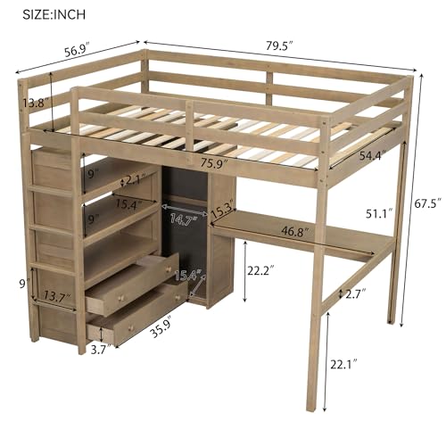 White Full Size Wood Loft Bed with Desk and Wardrobe F8178