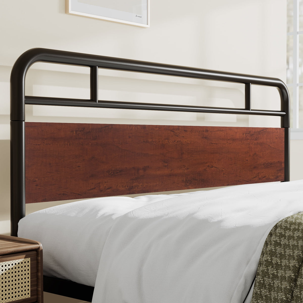 Dark Brown King Size Metal Platform Bed Frame with Wooden Headboard Y549
