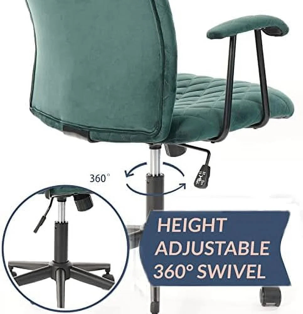Green Velvet Upholstered Office Desk Chair with Armrest and Wheels O152577