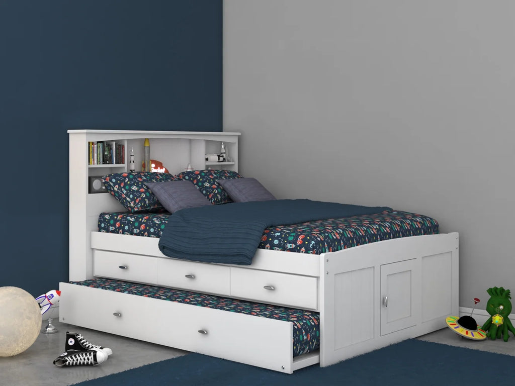 Solid Pine Full Sized Captains Bookcase Bed with 3 Drawers and Twin Trundle K276279