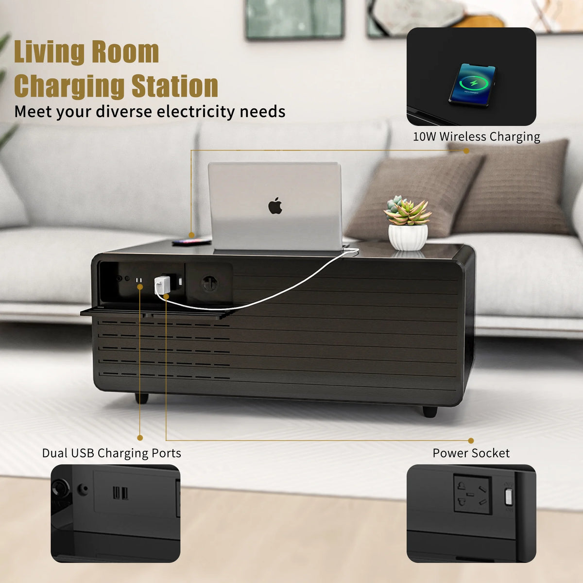 41.5" Smart Coffee Table with Fridge Drawers, Wireless Charging, USB Ports and Outlet, Black X32461