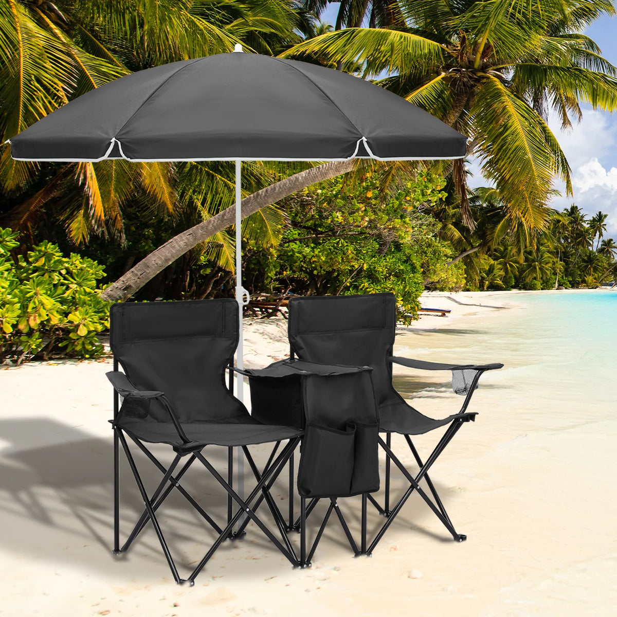 Portable Double Folding Chair with Umbrella, Cooler Bag & Carry Bag, Black G328