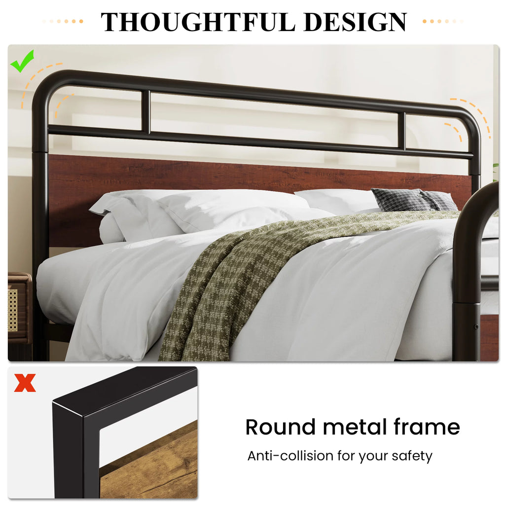 Dark Brown King Size Metal Platform Bed Frame with Wooden Headboard Y549