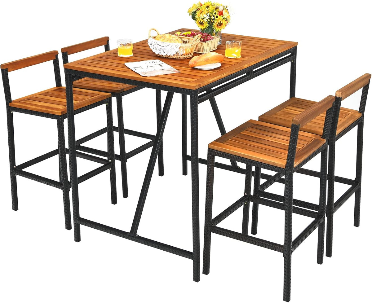 5-Piece Acacia Wood Bar Table Set with Umbrella Hole and 4 Bar Stools E38411