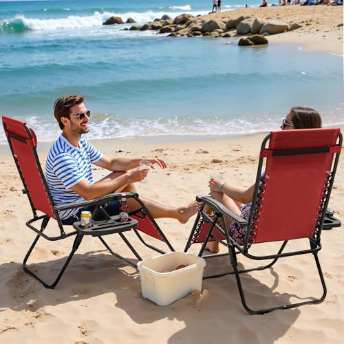 Zero Gravity Chairs Set of 2 Adjustable Steel Mesh Recliners with Cup Holder Tray and Pillow O17930