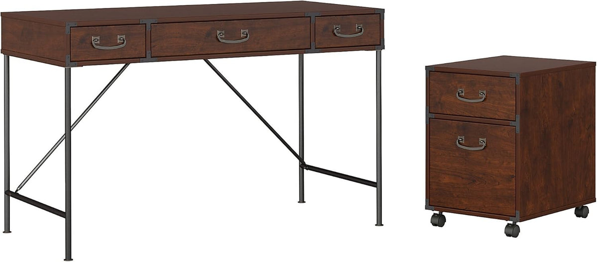 Vintage Golden Pine Writing Desk and 2 Drawer File Cabinet S6688