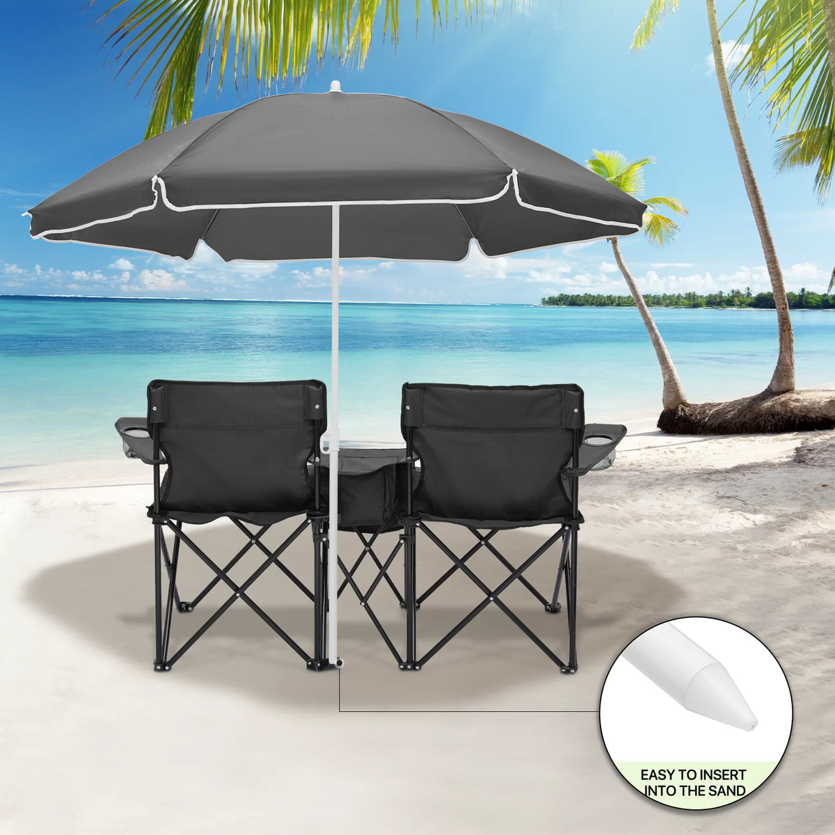 Portable Double Folding Chair with Umbrella, Cooler Bag & Carry Bag, Black G328