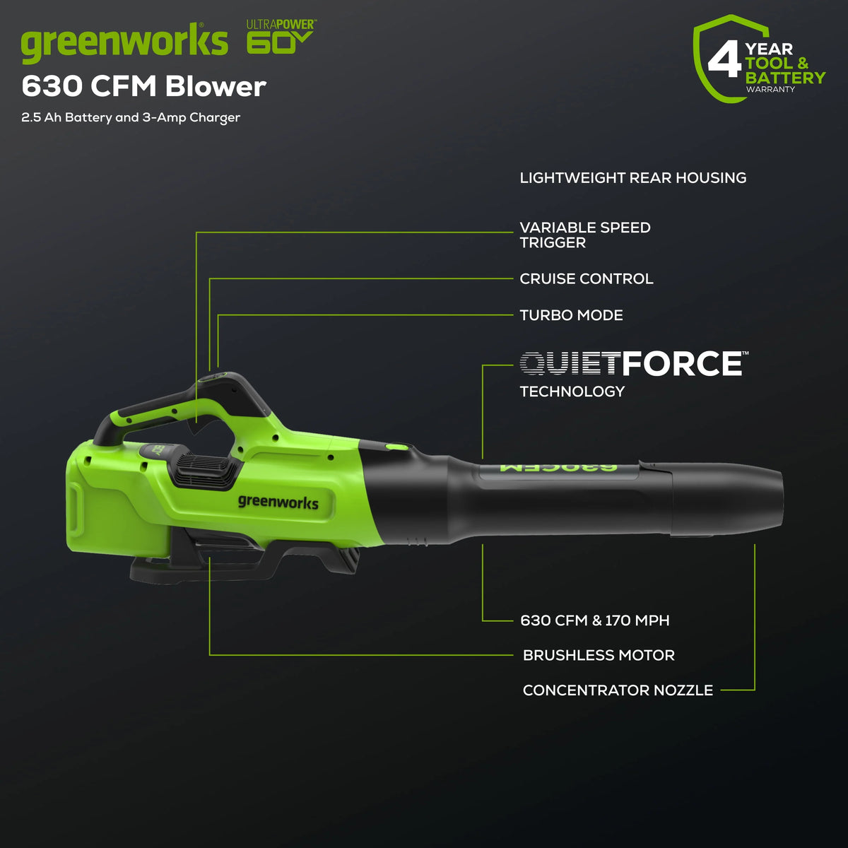 60V 630 CFM 170 MPH Leaf Blower with 2.5 Ah Battery & Charger C678336