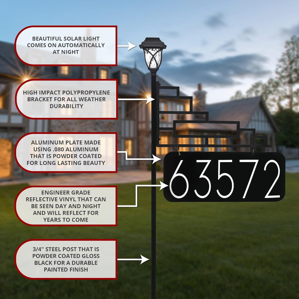 Extra Large Reflective Yard Address Sign with Solar Light - 6 Numbers - 47 Pole Q489