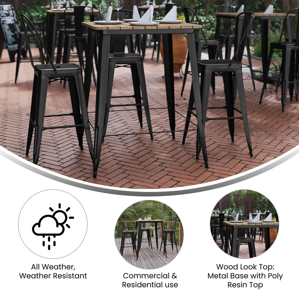 Indoor/Outdoor Bar Top Table with Brown Poly Resin Top and Black Steel Base T2500
