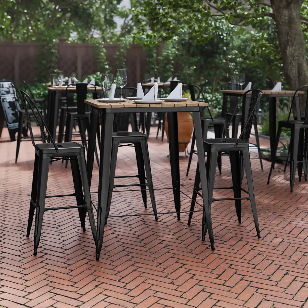 Indoor/Outdoor Bar Top Table with Brown Poly Resin Top and Black Steel Base T2500
