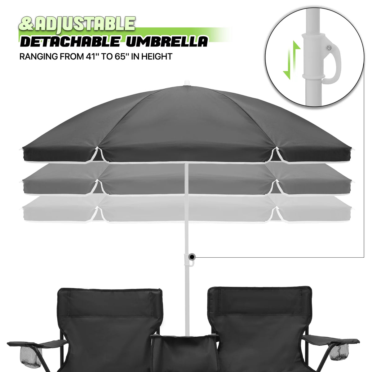 Portable Double Folding Chair with Umbrella, Cooler Bag & Carry Bag, Black G328