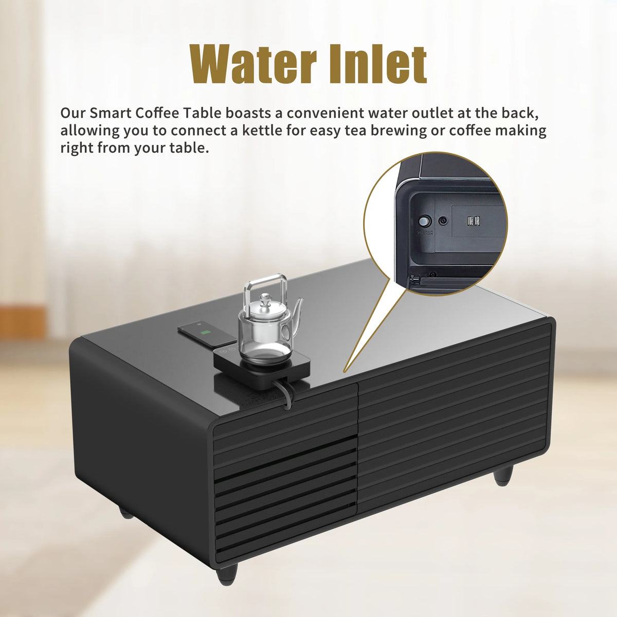 41.5" Smart Coffee Table with Fridge Drawers, Wireless Charging, USB Ports and Outlet, Black X32461