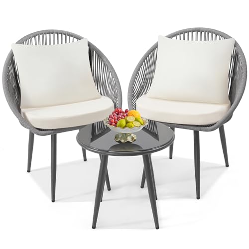 3 Piece Woven Rope Bistro Set with Cushions and Side Table X85937