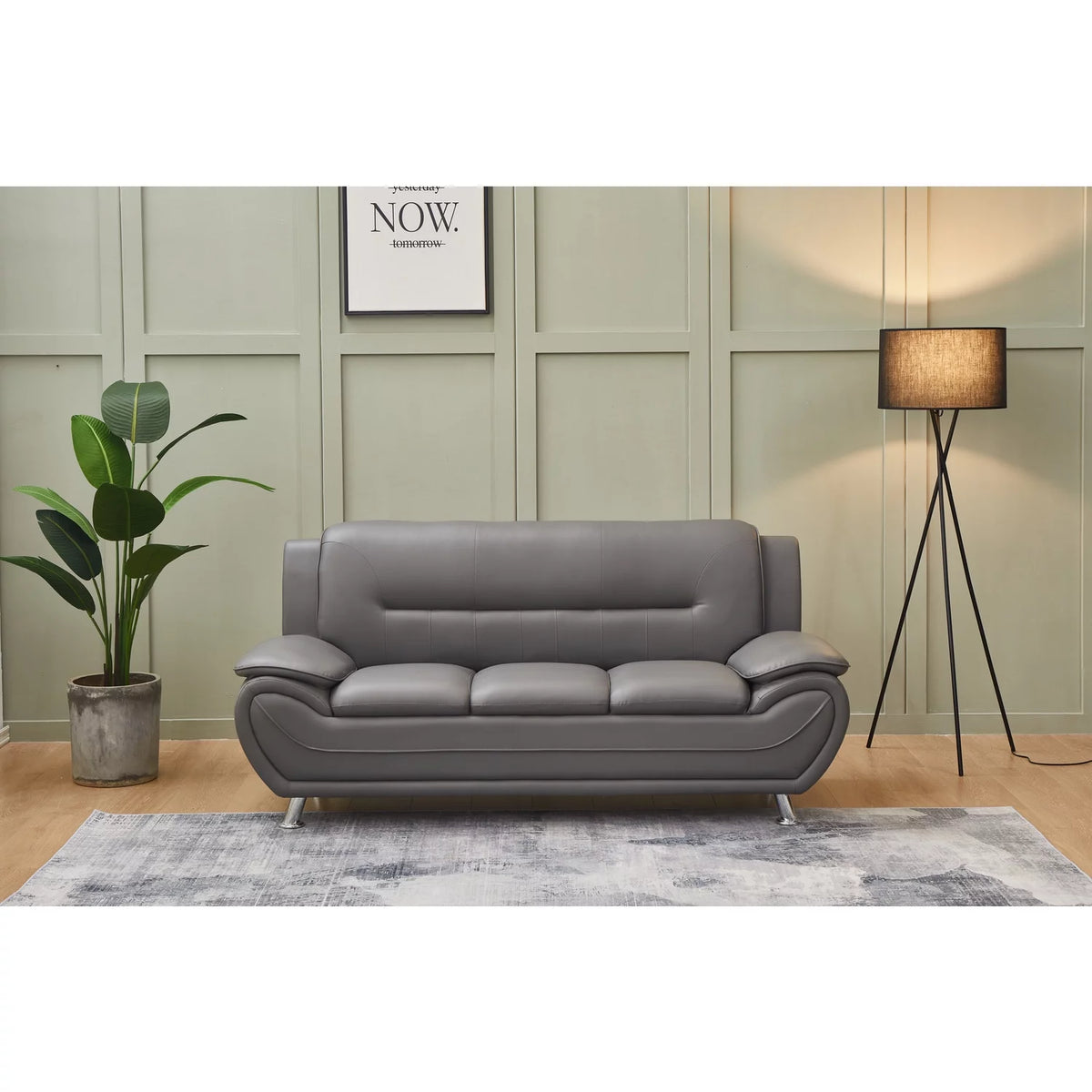 Gray Faux Leather Sofa with Pillow Armrests G8373