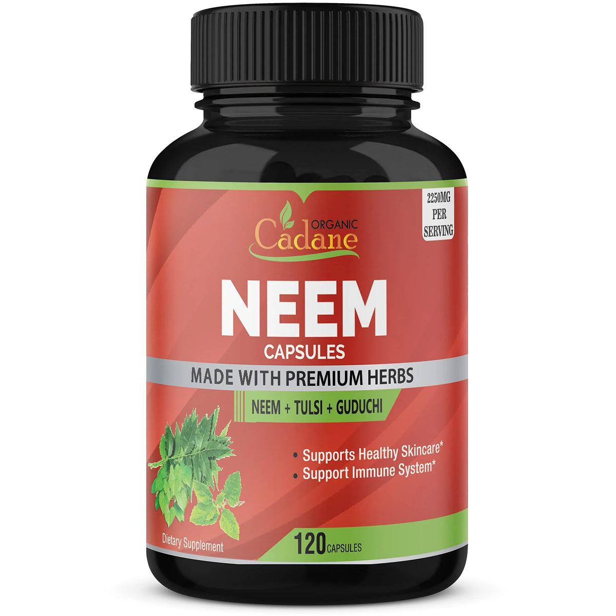 Neem Leaf Supplements Capsules 2250 mg with Holy Basil Tulsi, Guduchi, 120 Vegetable Capsules K805