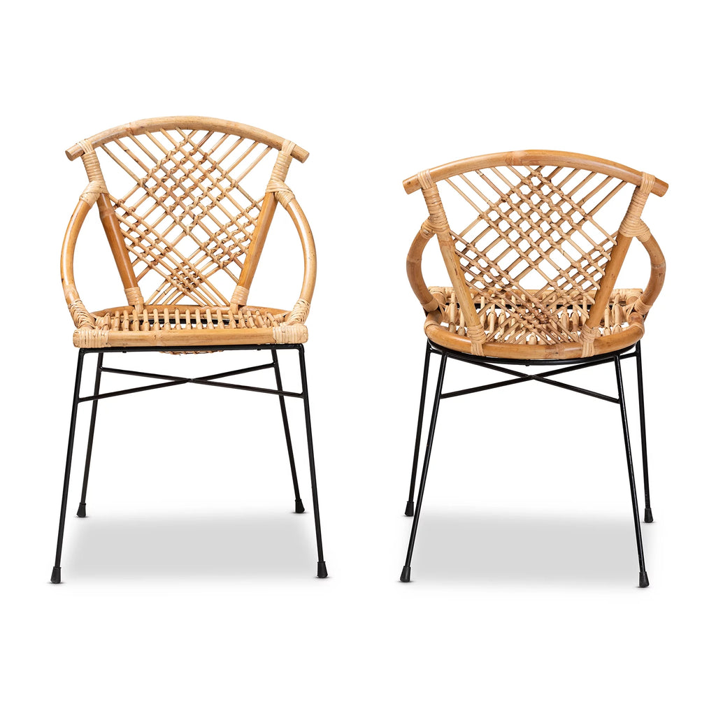Natural Brown Rattan and Black Metal 2-Piece Dining Chair Set U40364